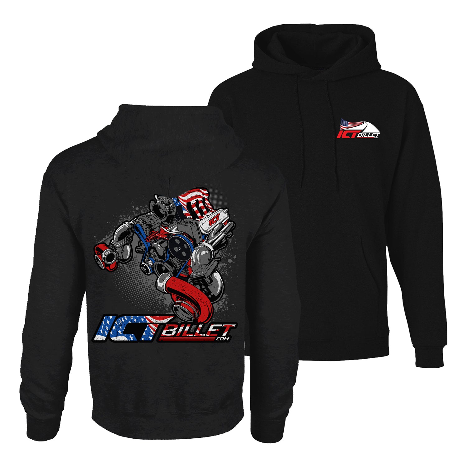 Sudadera con capucha y motor con bandera estadounidense de Twin Turbo – ICT Billet