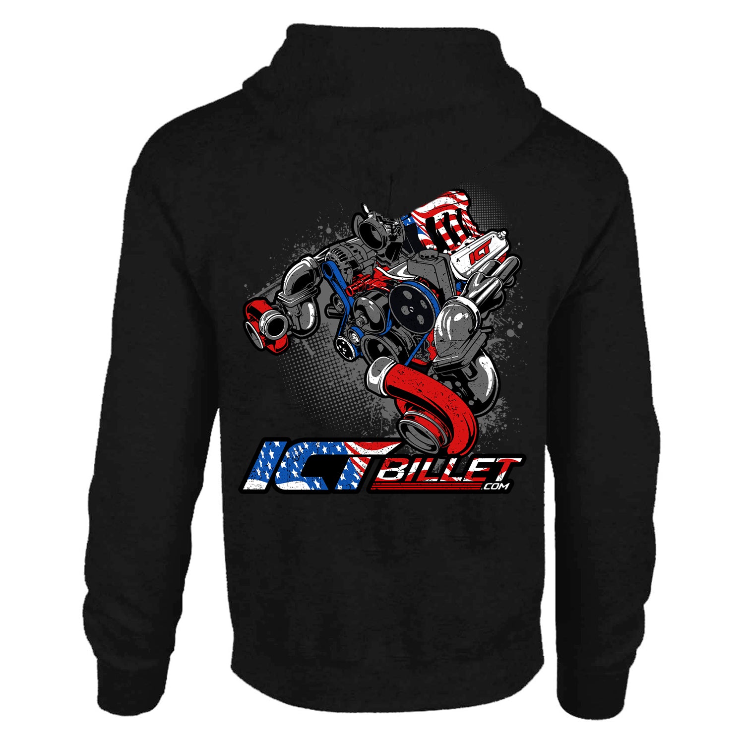 Sudadera con capucha y motor con bandera estadounidense de Twin Turbo – ICT Billet