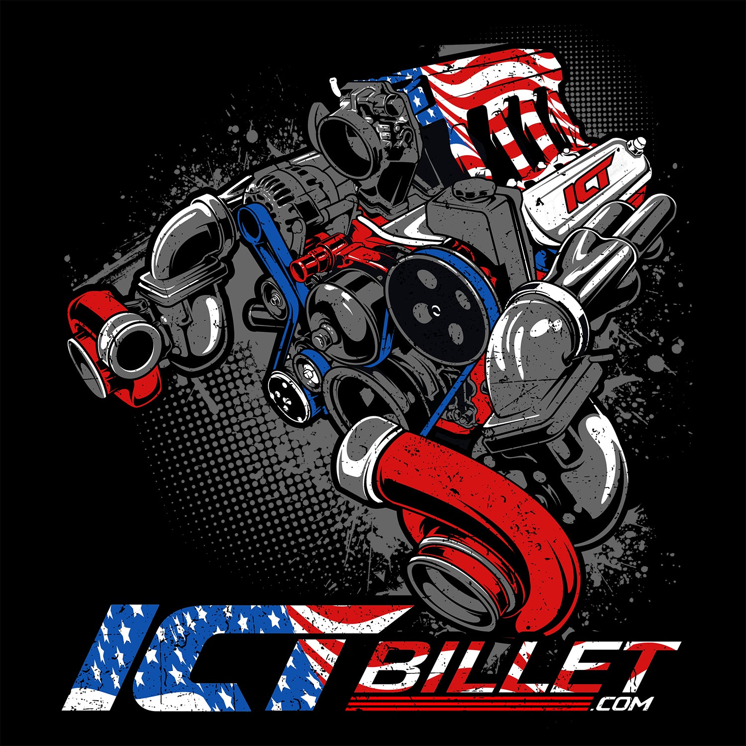 Sudadera con capucha y motor con bandera estadounidense de Twin Turbo – ICT Billet