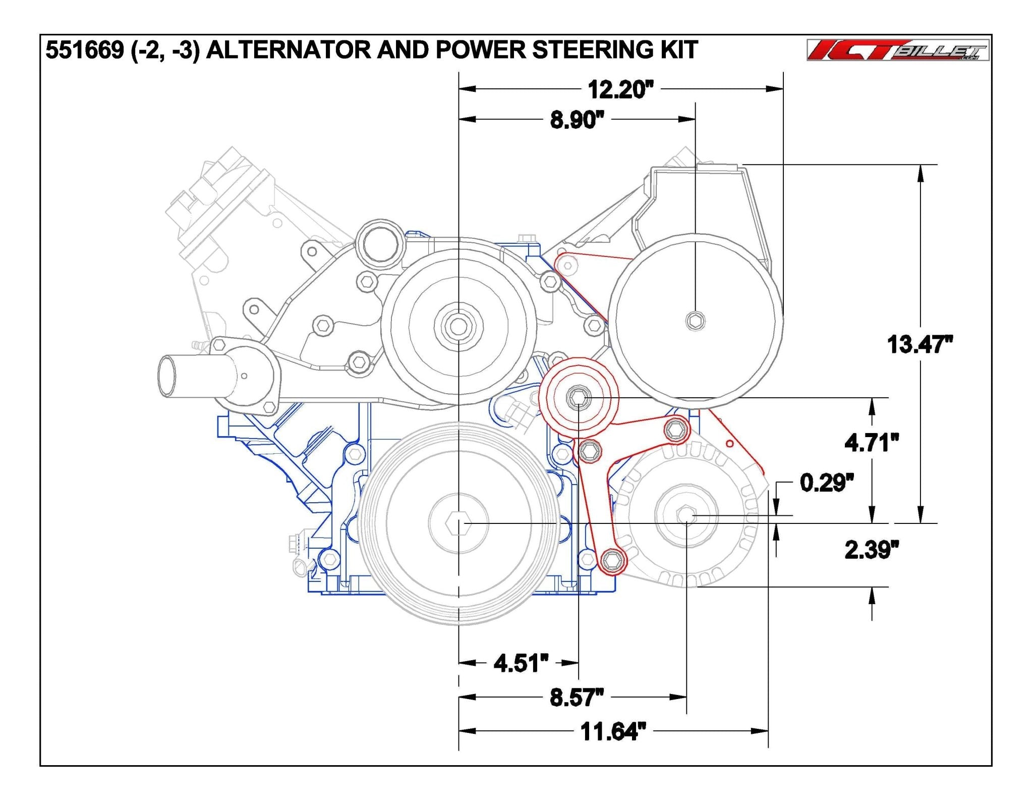 LS Camaro Low Mount Alternator, Power Steering Pump Brackets LSX LS1 LS6 Billet - ICT Billet 551669 - 2