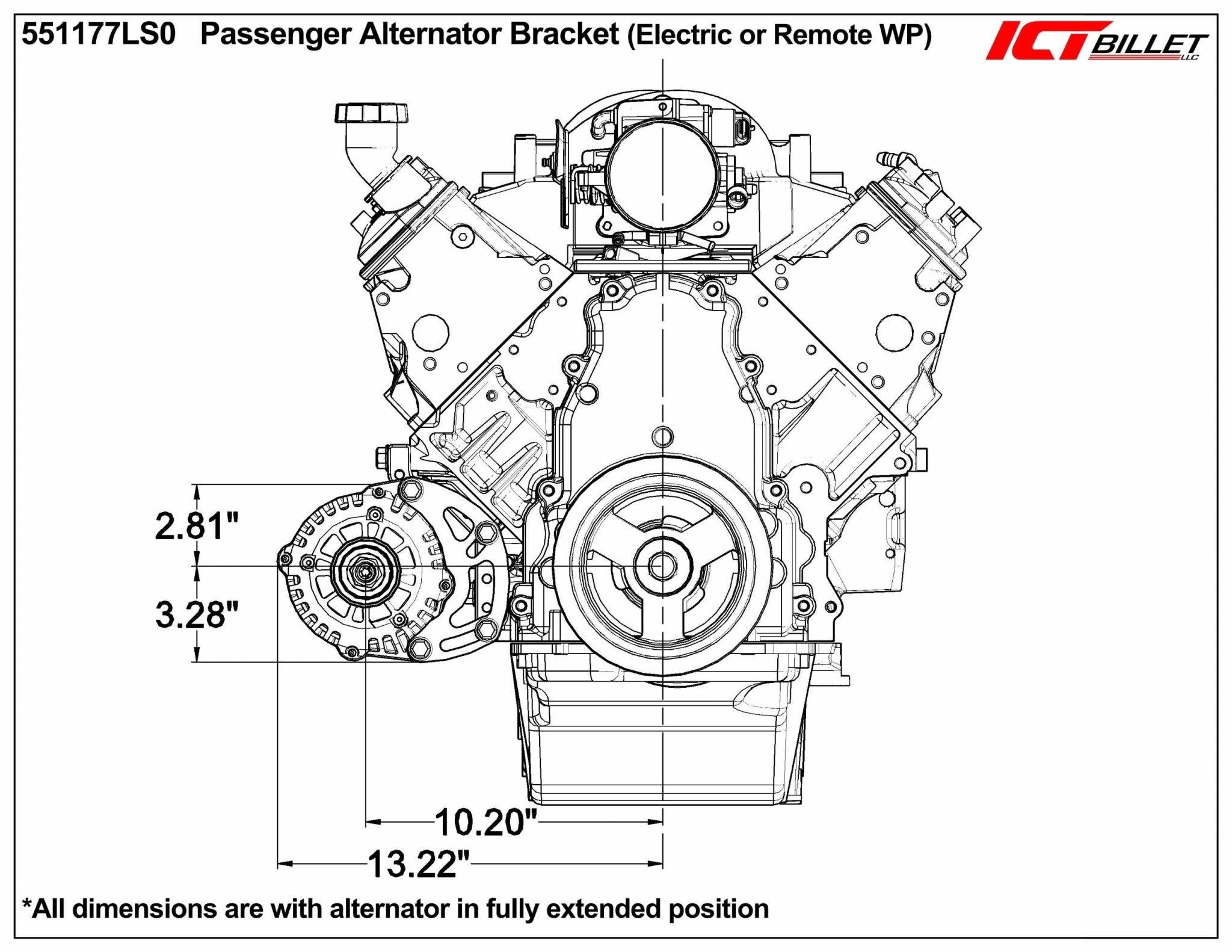 LS Camaro Spacing Low Mount Alternator Bracket for Electric or Remote Water Pump Motor Plate - ICT Billet 551177LS0 - 2