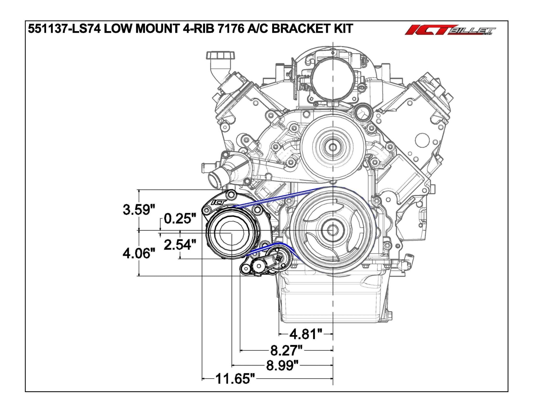 LS Corvette - Low Mount 4 - Rib A/C Compressor Bracket Sanden 7176 LS1 LS3 LS2 AC - ICT Billet 551137 - LS74 - 1