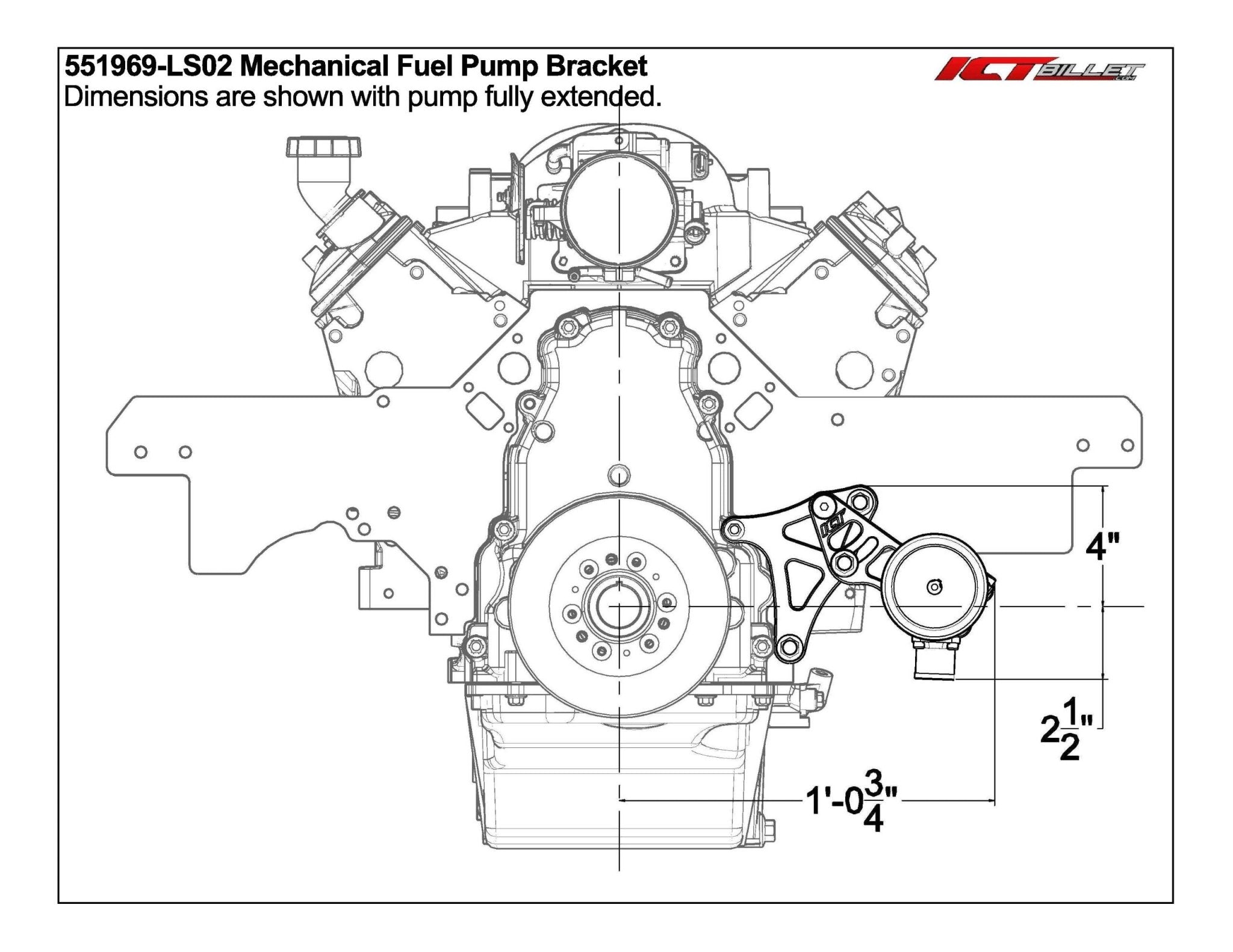 LS Engine Low Mount Driver Side Mechanical Fuel Pump Bracket with Iron Block and Motor Plate - ICT Billet 551969 - LS02