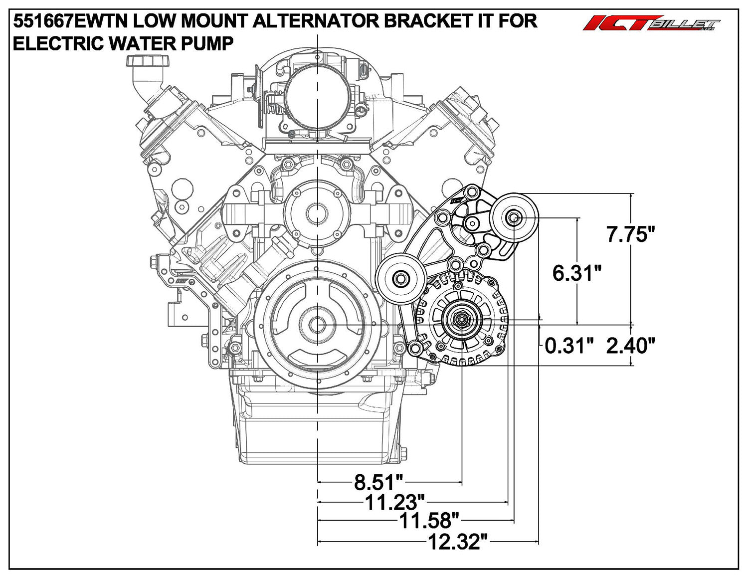 LS Low Mount Alternator Bracket for Electric Water Pump w/ Manual Tensioner Compatible with Camaro LS1 - ICT Billet 551667EWTN - 2