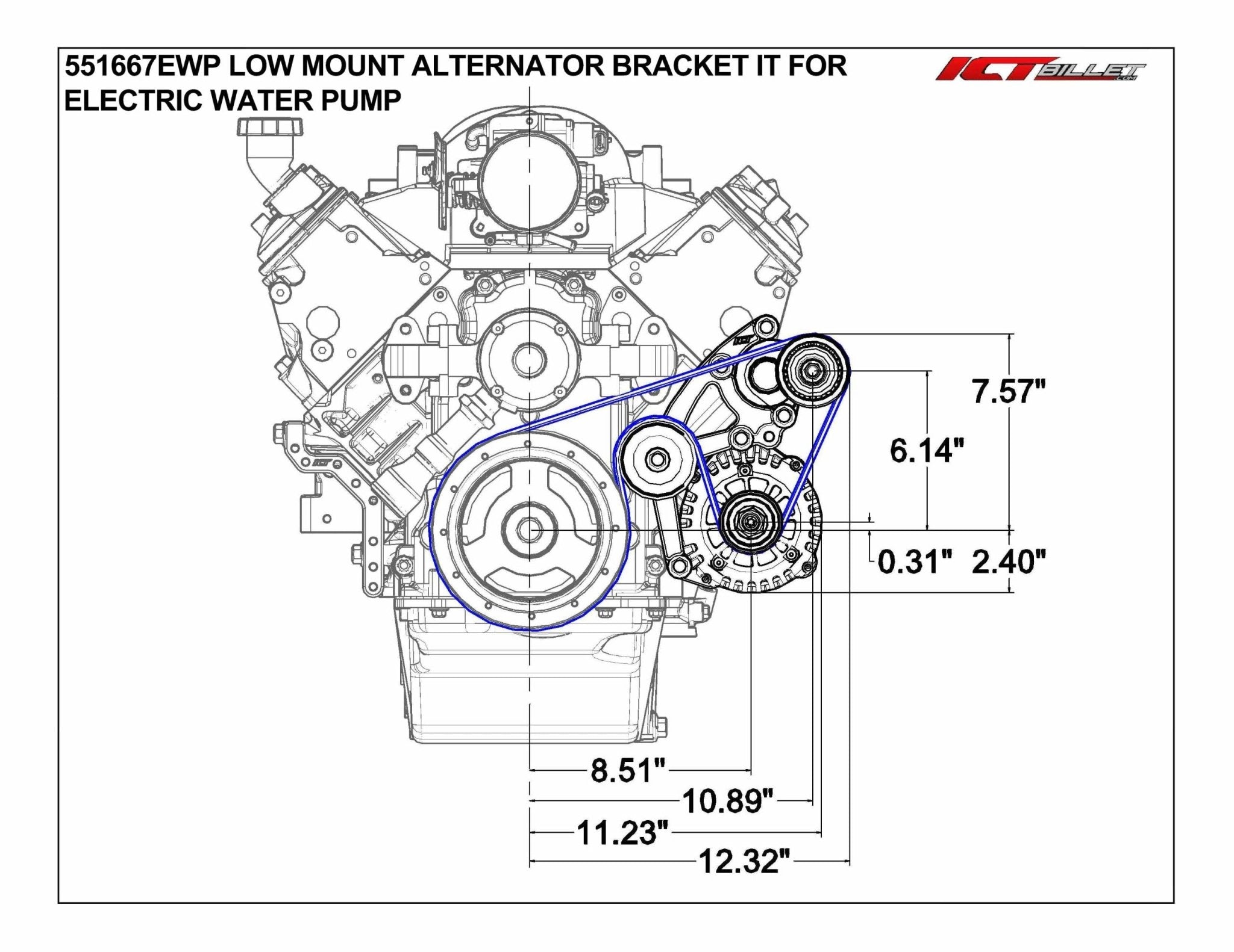 LS Low Mount Alternator Bracket for Electric Water Pump w/ Tensioner - Truck - ICT Billet 551667EWP - 3