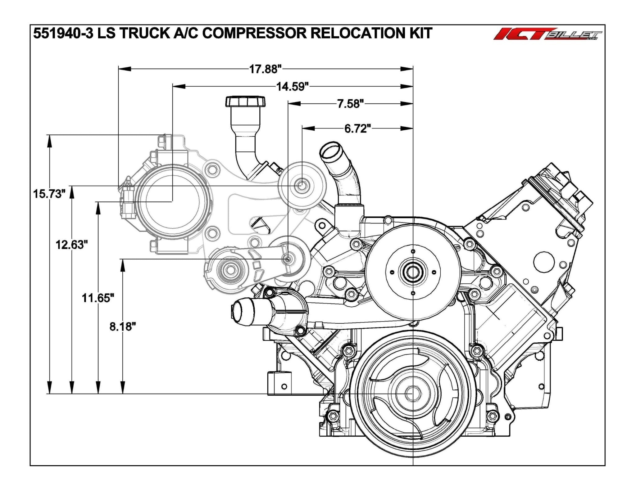 LS Truck A/C Compressor Relocation Bracket Kit LM7 L92 L96 LSX 4.8L 5.3L 6.0L - ICT Billet 551940 - 3