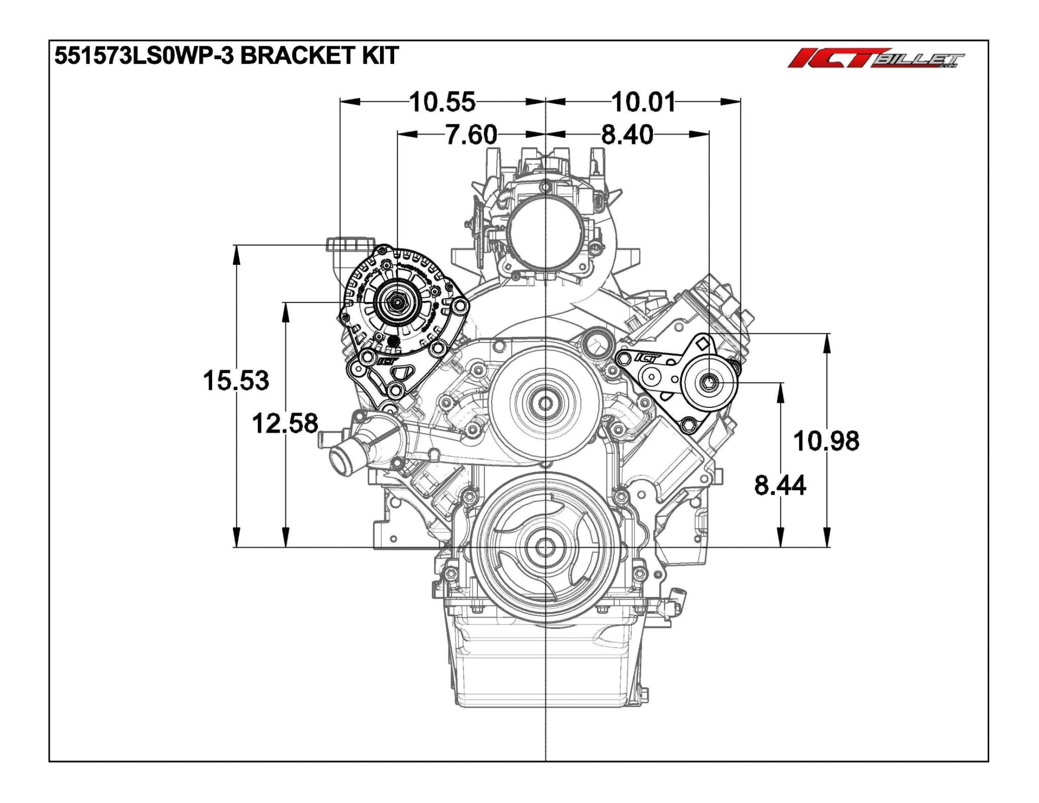 LS Truck - Alternator & Belt Tensioner Relocation Bracket Turbo LSX (uses LS1 WP) - ICT Billet 551573LS0WP - 3