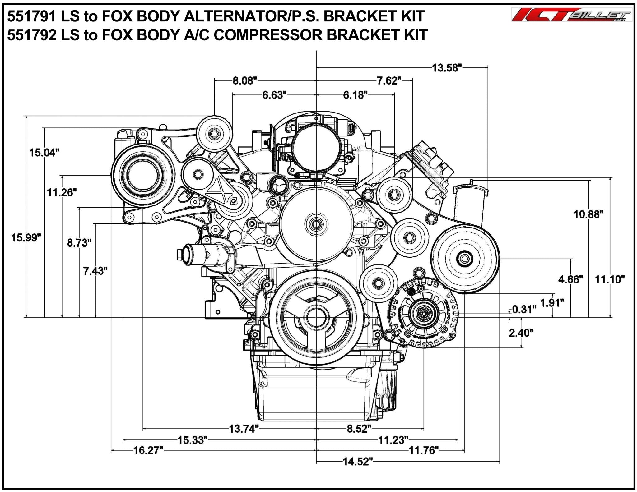 LS Truck OEM Fox Body A/C Compressor Bracket Kit LS Swap Mustang - ICT Billet 551792 - 3