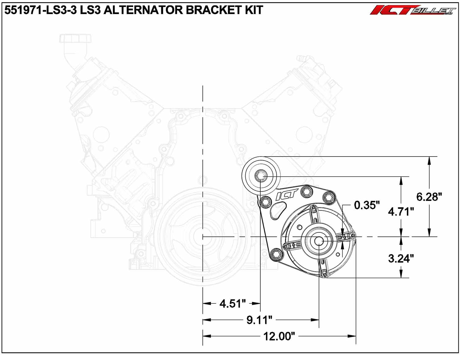 LS3 Camaro - Factory Location Billet Low Mount Alternator Bracket Kit w/ Pulley - ICT Billet 551971 - LS3 - 3