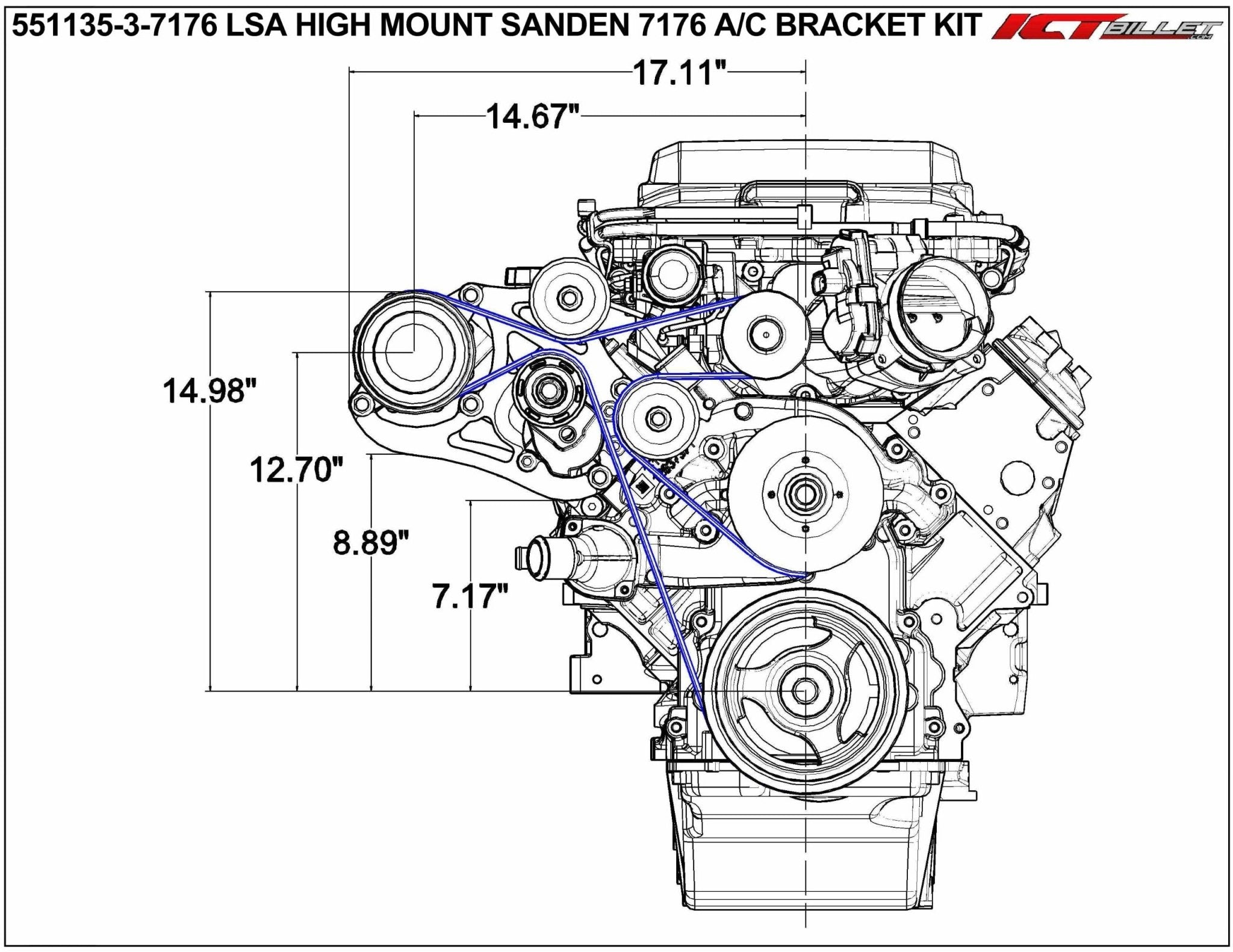 LSA Supercharger High Mount A/C Sanden 7176 Compressor Bracket Kit CTS - V ZL1 SD7 - ICT Billet 551135 - 3 - 7176